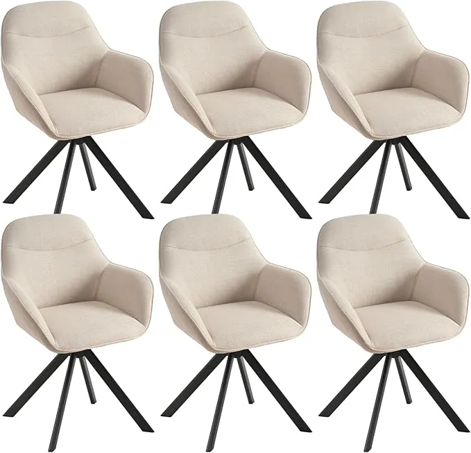 Juego de 6 sillas de Comedor giratorias con reposabrazos, giratorias 360°, tapizadas de Lino, Sillón Moderno de Estilo Nórdico con Patas de Metal para Comedor Salón, Beige