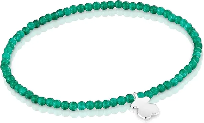 TOUS Pulsera Elástica para Mujer con Bolas Redondas Facetadas de Calcedónia En Color Verde y Motivo Oso de Plata de Primera Ley, 17cm de Largo, Colección Motivos