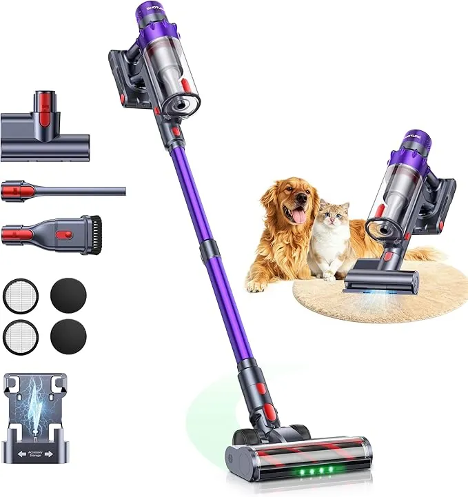 50KPA/600W/65Min(ECO) VAC02 Mejorada Aspiradora sin Cable, Aspiradora Vertical con Cepillo para Colchón, Modo Automático, Cepillo Anti-Enredo, Luz Verde, Fragancia, Carga Mural para Suelos y Alfombras