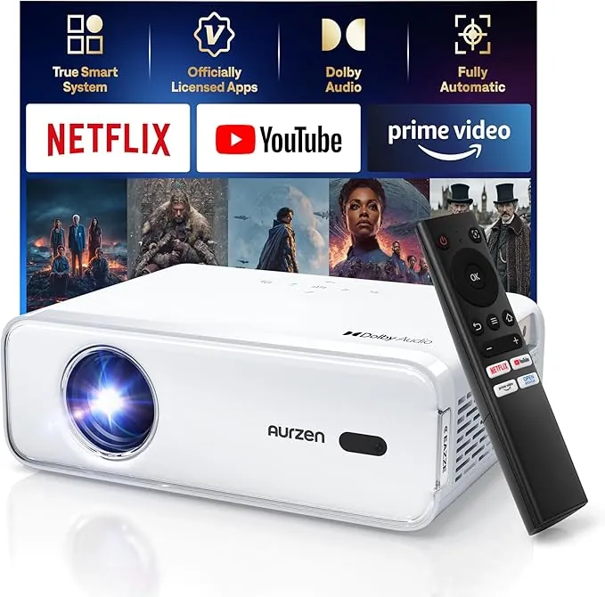 Proyector 4K Soporte【Oficial NetfIix/Auto Focus/Keystone/DoIby Audio】 AURZEN Eazze D1 Proyector Full HD 1080P Nativo, con Bluetooth y Wi-Fi, con una Aplicación Incorporada Youtube/Prime Video