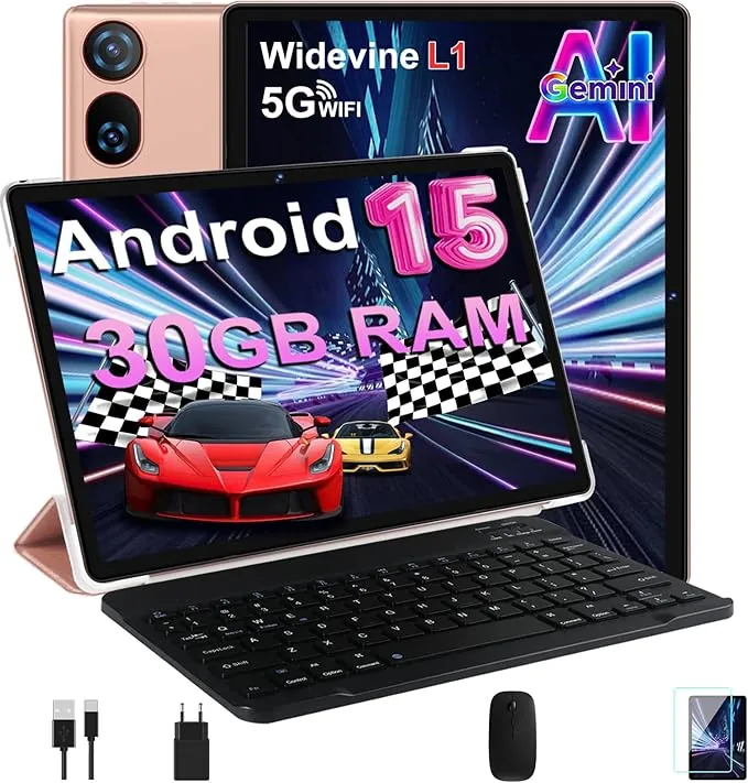 DMOAO Tablet 10 Pulgadas Android 15 con Gemini AI, 30 GB RAM + 2 TB ROM Expansión, 5G WiFi, GPS, Widevine L1, Octa-Core, BT 5.0, 6000mAh, USB-C, FHD Tablet con Teclado+ Ratón + Funda, Dorado