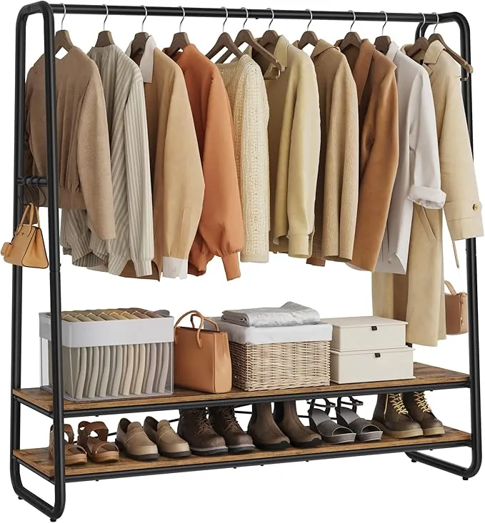 VASAGLE Perchero Burro, Perchero Recibidor con 2 Estantes, 6 Ganchos en Forma de S, Marco de Acero, 45 x 138 x 160 cm, para el Dormitorio, Marrón Rústico y Negro RGR119B01