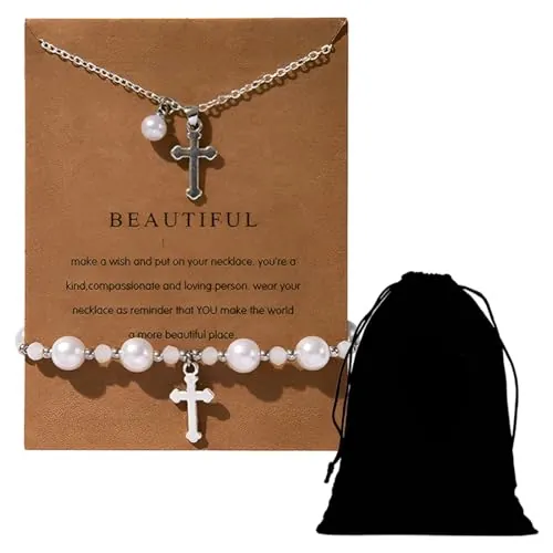 Conjunto de Joyería con Colgante de Cruz Pulsera de Cuentas con Cruz Collar con Colgante Cruz y Cuentas Conjunto de Joyas para Niñas para Cumpleaños Confirmaciones Comuniones Bautizos Fiestas