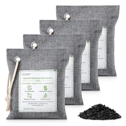 CLEVAST Bolsas Purificadoras de Aire de Carbón de Bambú, Desodorizante y Purificador Eliminador de Humedad para Armario, Calzado, Ambientador de Coche（200g*4）