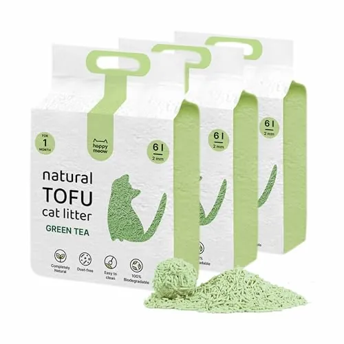 HAPPY MEOW Arena de Tofu para Gatos (18L/7,5Kg) - Natural y Biodegradable - Aglomerante Instantáneo, Bajo en Polvo, Control de Olores Duradero, Ultra Absorbente, Desechable en el Inodoro (Té Verde)