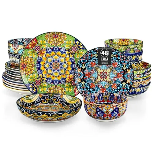 vancasso Juego de Vajilla Boho para 12 Personas, Vajillas Completas 48 Piezas Coloridas de Porcelana – 12 Platos Llanos, 12 Platos de Postre, 12 Ensaladeras y 12 Cuencos, Apto para Microondas