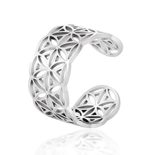 TEAMER Flor de la vida de tamaño variable Anillos Acero inoxidable Om Símbolo Triskele Anillo Geometría sagrada Magia Hexagrama Talismán Amuleto Joyería para mujeres niñas (Flor de la Vida-Plata)