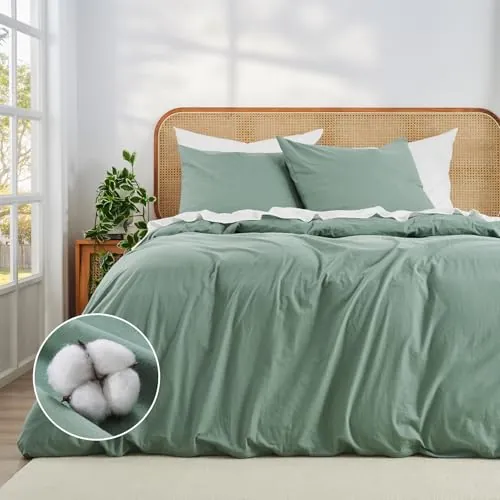 Duvetnova Funda Nórdica 260x240 Verde Salvia, Algodón Lavado Súper Suave con Cremallera, Certificación Oeko-Tex - 1 Funda de Edredón 260x240 + 2 Fundas de Almohada 65x65 cm