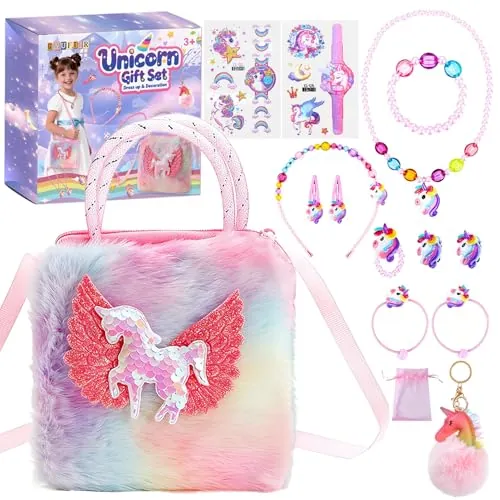 GMUFTIR Regalos de Unicornio para niñas, 15 Piezas Unicornio Joyas Set, con Anillo Collar Pendientes Pulsera, Bolso de Unicornio, Regalo de Cumpleaños para Niñas 3, 4, 5, 6, 7, 8 Años
