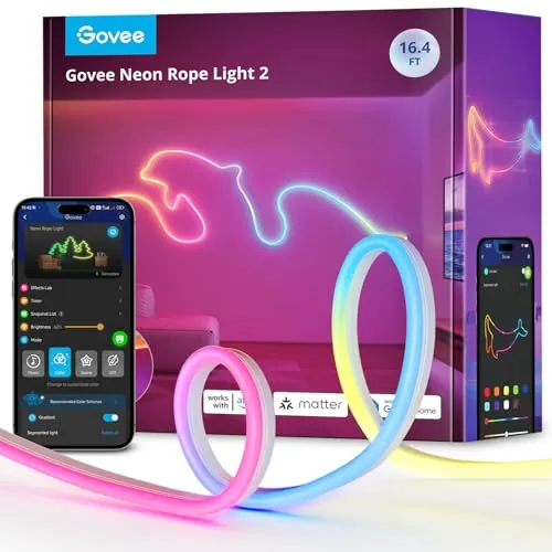 Govee Neon Rope Light 2, Tira LED RGBIC 5m Blanco Decoración Pared