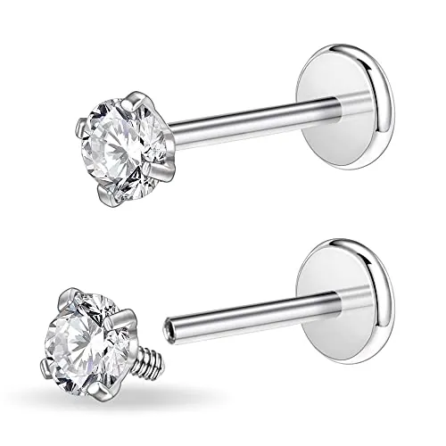PunkTracker 16 g/18 g de acero quirúrgico con hilo interno y circonita cúbica, joyería de piercing en forma de perno para trago/nariz/hélice/caracola/medusa/labio/labret - Arete de cartílago para