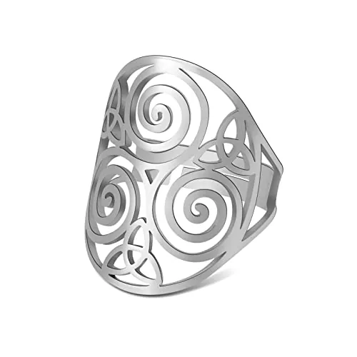 TEAMER, anillo Triskele de tamaño variable, acero inoxidable, geometría sagrada, hexagrama mágico, talismán, amuleto, joyería para mujeres y niñas (Triskele - Estilo 2 - Plata)