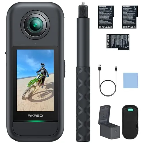 AKASO 360 Cámara de acción 360 Kit de Creador, Sensor de 1/2"，5.7K 360, Fotos 72MP, Pantalla táctil de 2.29", Cámara Deportiva 360, Palo Selfie Invisible