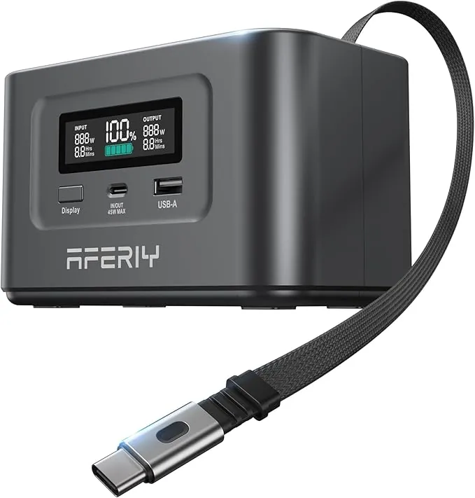 AFERIY Generador EléCtrico PortáTil De 100 W, 99,2 Wh/31 000 mAh, Carga RáPida Dual USB-C PD3.0, Carga Solar, ProteccióN De Seguridad 6 En 1, Ideal Para Viajes, Acampadas Y Emergencias, Negro
