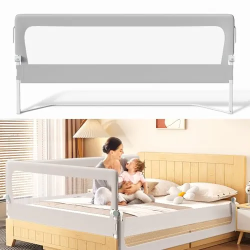 Vkechh Barrera de Cama para Niños 200 cm, Barandilla de Seguridad Abatible 180° con Altura Regulable 72-86 cm, Protección Anticaídas con Malla Transpirable, Gris
