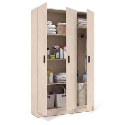 duehome | Armario Multiusos, 3 Puertas, Modelo Multi Useful, Acabado en Color Microcemento Beige, Medidas: 110 cm (Ancho) x 180 cm (Alto) x 37 cm (Fondo)