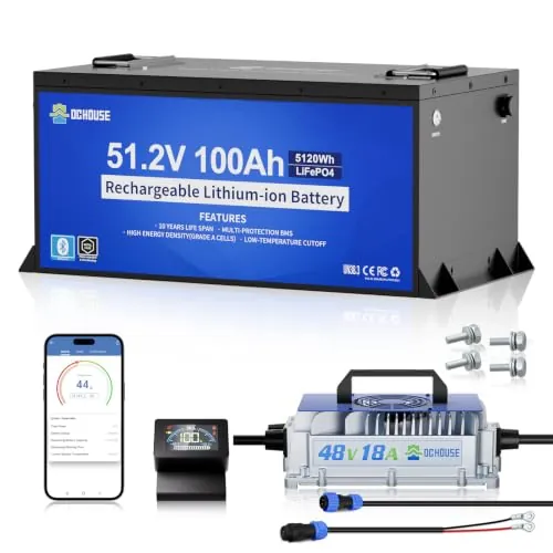 DCHOUSE Batería Litio 48V 100Ah con Cargador 18A para Carrito Golf y RV | BMS 200A, 670A de Corriente Máxima, Bluetooth vía App Móvil y LCD