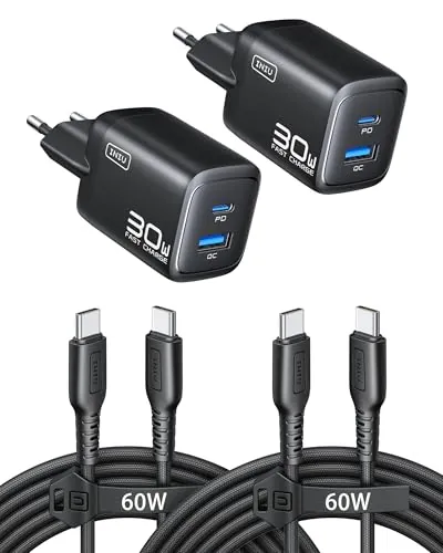 INIU Cargador USB C, 30W 2-Paquete PD GAN Cargador Carga Rapida y Cable 60W | [USB C + USB A] Múltiple Enchufe Rápido y Tipo C Cable para iPhone 18 17 16 15 Pro Max, iPad, Samsung S26 S25 Ultra, Switch 2