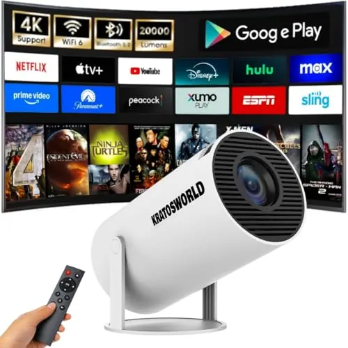 Mini Proyector Portátil,1080P Full HD, Soporte 4K, Android 11, WiFi y Bluetooth, Rotación 180°, Apps Integradas (Netflix, Youtube, Play Store), 1+8GB, Cine en Casa, Compatible TV Stick/HDMI/USB