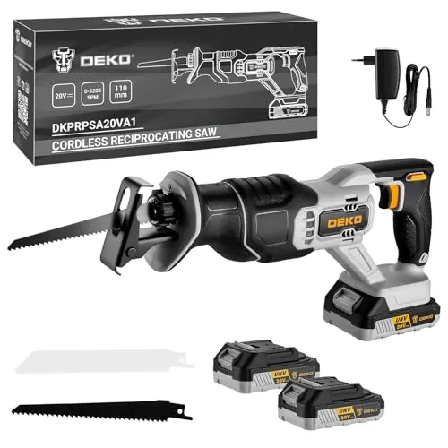 20V Sierra Sable Inalámbrica, DEKOPRO Sierra Sable Batería con 2 baterías de 2,0 Ah y 2 hojas de sierra, 0-3200 SPM, luz LED, Cambio de Hoja sin Herramientas, Para Cortar Madera y metal