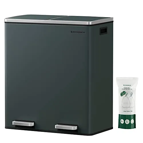 SONGMICS Cubo de Basura, 2 x 30 L, 2 Cubos, Reciclaje, Pedal de Metal, 15 Bolsas de Basura, Cubos Interiores de Plástico y Asas, Tapa con Bisagras, Cierre Suave, Hermético, Gris Verdoso LTB60GS