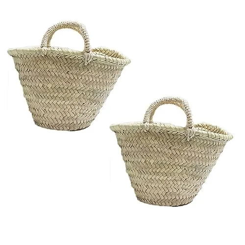 Set de 2 Capazos de Palma Infantil, con asa corta de pita. Cesto o Bolso de mimbre de fibras naturales. Birdikus. Aprox. 23x20x17 cm
