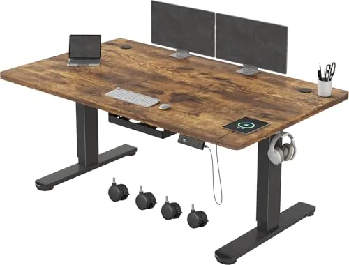 Devoko Escritorio Elevable Eléctrico 140 x 80 cm de Carga USB C, Escritorio Ajustable en Altura con Tablero, 3 Función de Memoria y Anticolisión, Regulable en Altura 72-118cm, Marrón