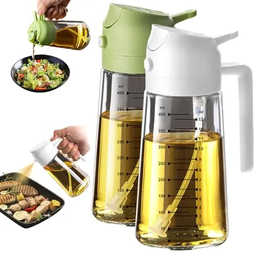 TrendPlain Pulverizador Aceite Spray 470ml - 2 en 1 Spray Aceite Cocina, Dispensadora para Freidora de Aire, Ensaladas, Vinagre y Accesorios Cocina (2 unidad, Blanco y Verde)
