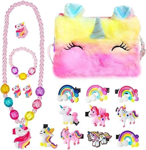 BIQIQI Peluche Bolso Bandolera, Regalos de Unicornio Joyas Set Accesorios con Clips de Pelo de Unicornio Arcoiris Collar Pulsera Anillo Pendiente para Niñas Vestirse y Juego de Roles