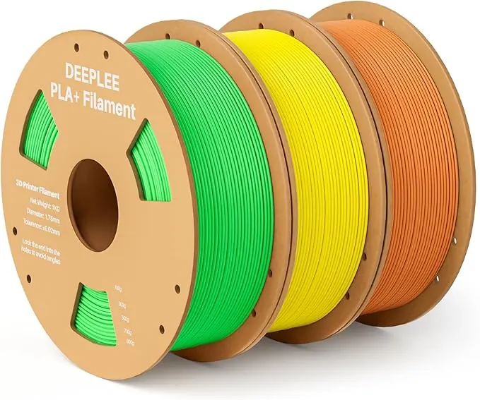 DEEPLEE Filamento PLA+ 1.75 mm, Kit 3 Bobinas Verde Claro, Naranja y Amarillo (3kg). Mayor Resistencia y Dureza. Precisión ±0.02 mm, Sin Atascos. Compatible con FDM.