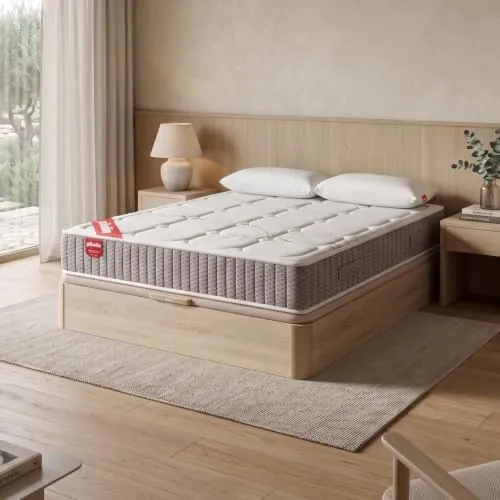 PIKOLIN Pack Colchón Troas de Muelles Ensacados 150x190 + Canapé Base Abatible Color Natural y 2 Almohadas de Fibra | Incluye Subida a Domicilio, Montaje y Retirada de Usado