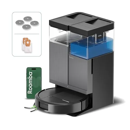 iRobot Roomba Plus 415 Combo y Base AutoWash multifunción, Robot Aspirador y Friegasuelos, 20.000Pa, Mopa Extensible, Mopas DualClean Elevables, Secado Calor, LiDAR Clearview, Autonomía 90 Días,Negro