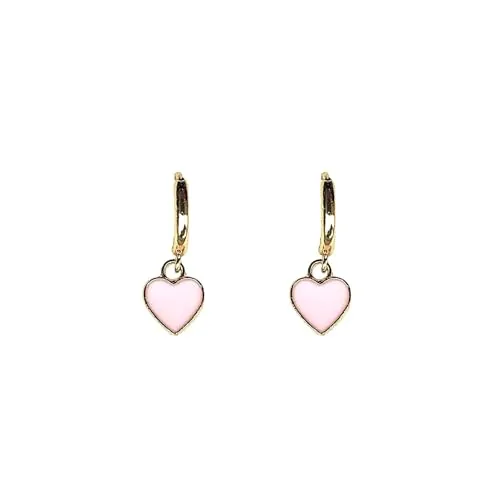 ASTER ALHELÍ – Pendientes Dorados Mujer Corazones – Aros Pequeños Chapados en Oro – Colgantes Corazón Rojo o Rosa Juveniles – Regalo Pendientes Originales Mujer Niña (Rosa)
