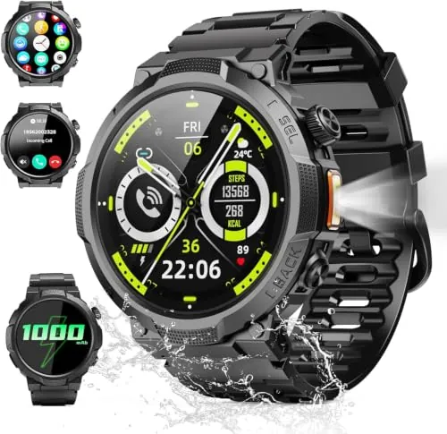 Soudorv Reloj Inteligente Hombre con Linterna, Militar Smartwatch 1000mAh