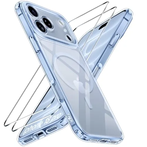 ivoler Clara Funda Magnética para iPhone 18 Pro con 2 Piezas Cristal Templado, Compatible con MagSafe, [Anti-Amarillo] Carcasa Bumper Teléfono Antigolpes Anti-Choques Case, Azul