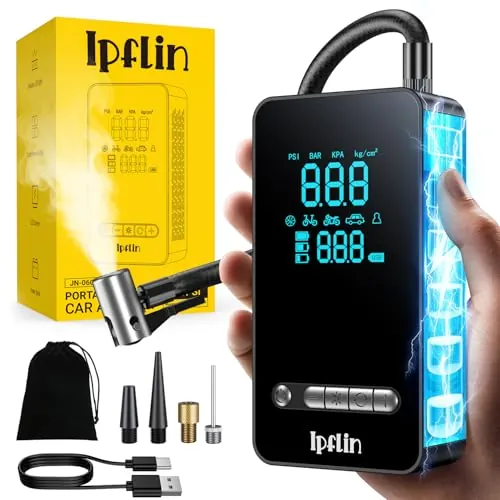 Ipflin Inflador Ruedas Coche Compresor Aire Portatil - Inflador Electrico 150PSI con Función de Parada Automática, Hinchador Ruedas para Coche Moto Bicicleta, Pantalla Digital Nueva Versión