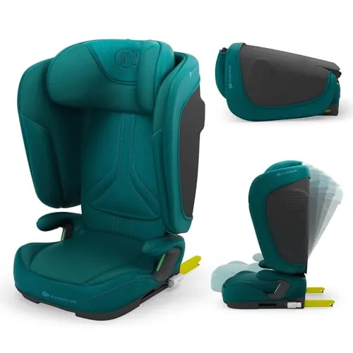 Kinderkraft UNITY 2 i-Size, Silla de coche plegable 100–150 cm, De 3,5 a 12 años aproximadamente, Reposacabezas ajustable, Tapizado con sistema AIR FLOW, Ajuste del respaldo en 5 posiciones, Verde