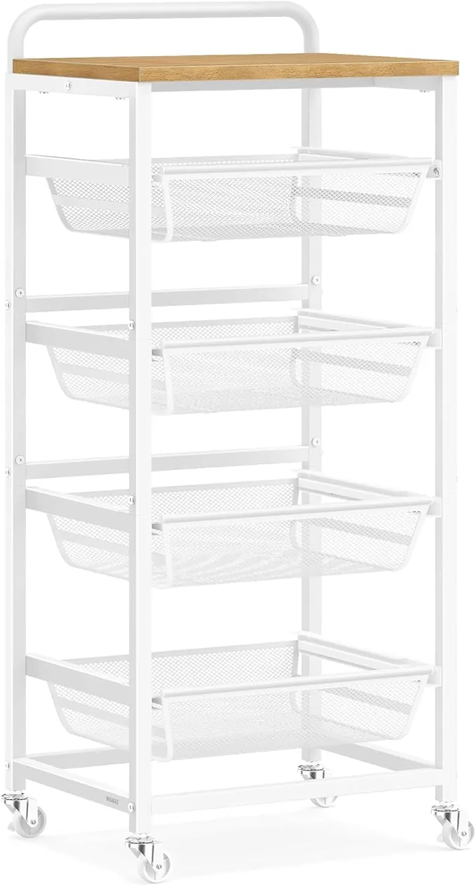 VASAGLE Carrito de Almacenaje de 5 Niveles, con Cestas Extraíbles, Estante de Cocina con Ruedas y Asa, 31,7 x 40 x 95 cm, Roble Dorado y Blanco Mate LRC041YA01