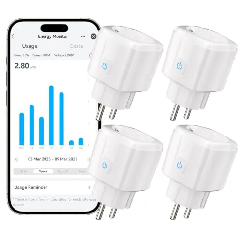 4 Pack Enchufe Inteligente WiFi 16A 3680W con Monitor de Energía, Smart Plug con Control por Voz, Control Remoto, Temporizador, Compatible con Alexa, Google Home y SmartThings