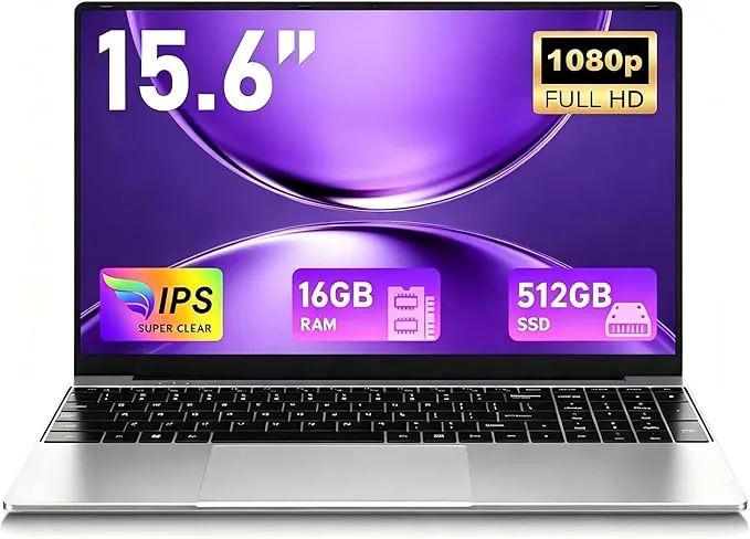 FUNYET 2026 Ordenador Portátil 15.6 Pulgadas 16GB RAM 512GB SSD TF 1TB Win 11 Pro Procesador M3-6Y30 Laptop, 1920x1080 FHD, WiFi 5, BT 4.2, USB 3.0x2, Mini HDMI, Type-C - Plata