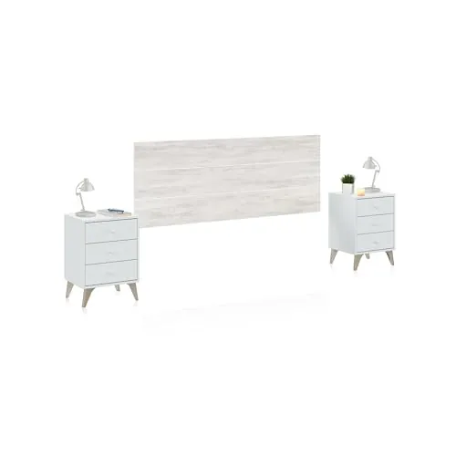 Habitdesign Cabezal + Dos mesitas de Noche, 240x116x33,5 (AnchoxAltoxFondo-en cm), Color Blanco Artik y Blanco Velho, Cabecero para Cama de Matrimonio, Modelo Sweet