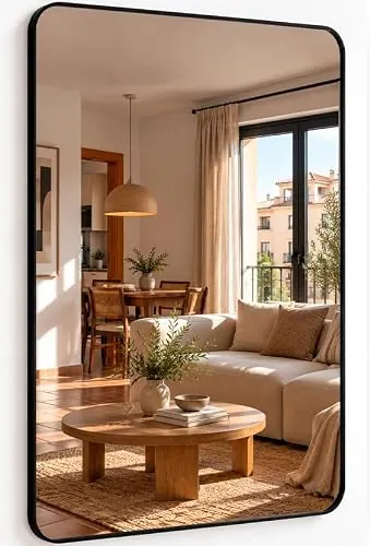 Marctani Espejo Baño 91x61 cm Negro, Espejo de Pared Rectangular con Marco de Aluminio de 2,8 cm, Horizontal o Vertical, Reflejo Nítido, Espejo Grande para Recibidor, Salón y Dormitorio