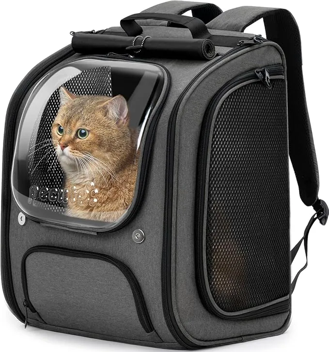 Pecute Mochila Transportadora para Gatos con Burbuja - Espacio Amplio y Estable, Visera Transpirable, Ideal para Viajes, Senderismo, Escalada, visitas al Veterinario con Mascotas, Gris