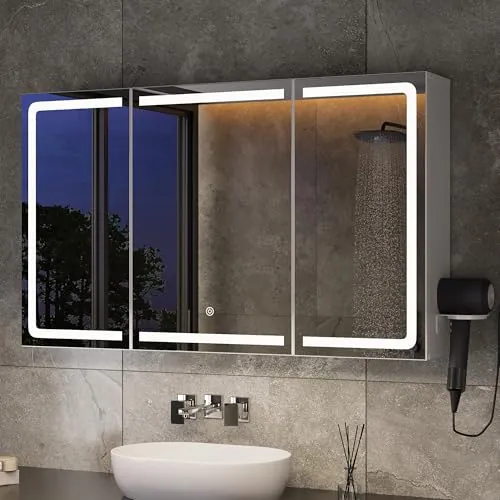 Xbro Armario Espejo Baño con Luz, Enchufe, Armario de Baño Montado en la Pared con 3 Puertas y Estantes Ajustables, 100 x 60 x 16 cm, Blanco