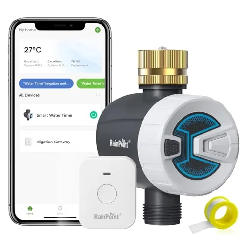 RAINPOINT Programador Riego WiFi, Temporizador Riego Automatico WiFi con Entrada de Latón, Modo de Ciclo y Remojo, Control Remoto App a través de WLAN de 2,4 GHz o Bluetooth, para Césped y Jardín