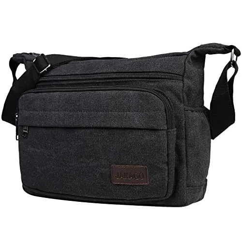 JAKAGO Bolso Bandolera Hombre,Múltiples Bolsillos Bolso de Lona para Trabajo,Compras,Escuela,Senderismo uso Diario (Negro)
