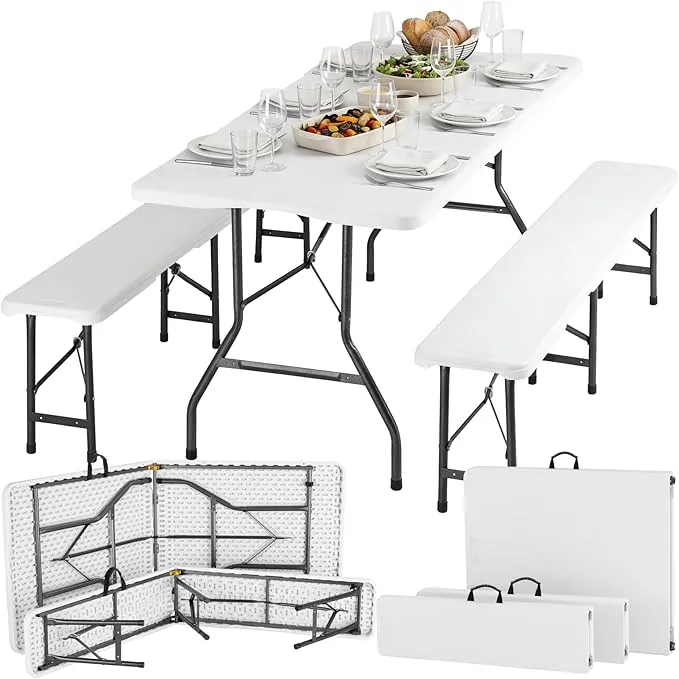 tectake® Juego de Mesa Plegable de 3 Piezas, Set Mesa Camping con 2X Bancos, Mesa Jardín Exterior, Estructura de Acero, Topes en Patas, Fácil Montaje, Ideal Acampadas, Jardín, Terraza, Picnic -Blanco