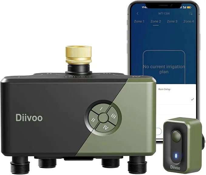 Diivoo Programador Riego WiFi 4 Zonas con Entrada de Latón, Temporizador de Riego Automático Compatible con Alexa/Google Assistant, 24 Programas de Riego, para Jardín y Céspedes