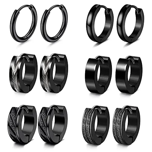 Adramata 6 Paia Pendientes de Acero Quirurgico Pequeña Pendientes de Aro de Hélice Concha Cartílago Piercing Punk Negro Pendientes Hombre Mujer