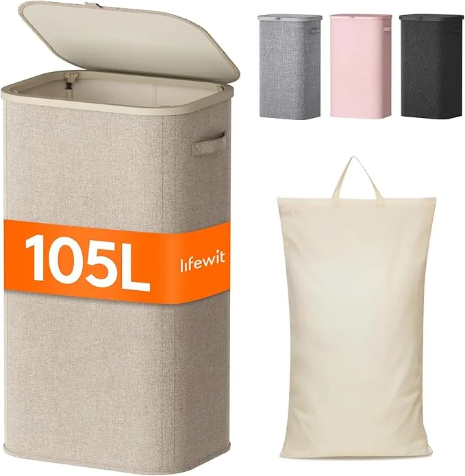 Lifewit Cesto Ropa Sucia, Cesta Ropa Plegable con Bolsa Extraíble y Asa, Cubo Ropa Sucia con Tapa, Laundry Basket para Dormitorio, Baño, Lavandería, Dormitorio, 105 L, Beige